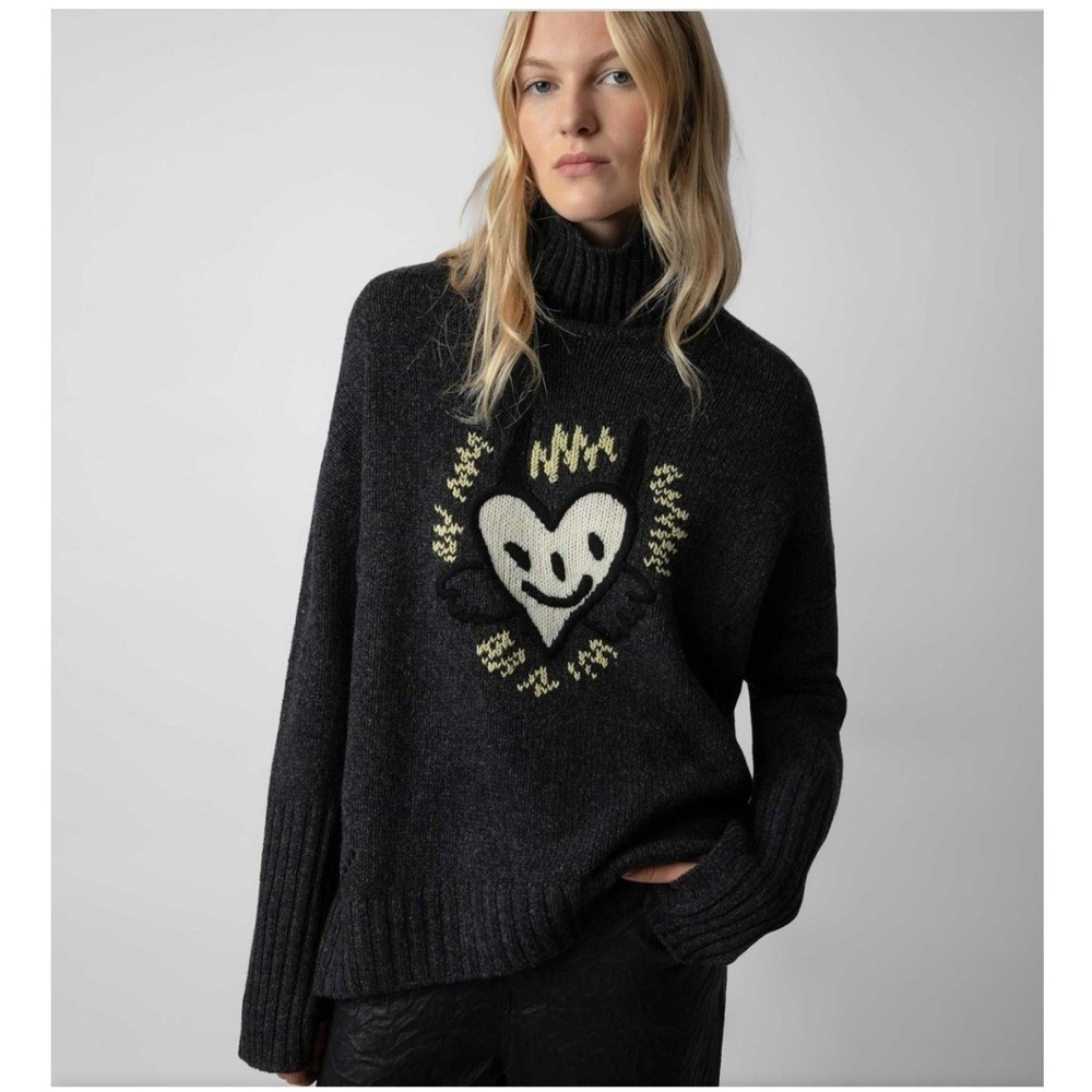 Zadig & Voltaire 100% Merino Wool Knit Turtle Neck Devil Heart Smiley Face Wings